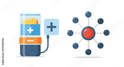 Modern healthcare innovation featuring a stylish flat vector illustration of a medicine container and molecular structure, perfect for pharmaceutical concepts