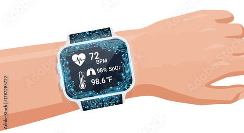 Modern smartwatch displays vital health stats on wrist, showcasing digital wellness tracking and health monitoring in a convenient and stylish design