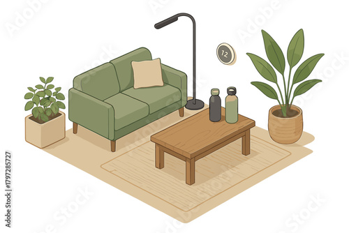 Cozy isometric living room interior design with green sofa, wooden coffee table, and houseplants