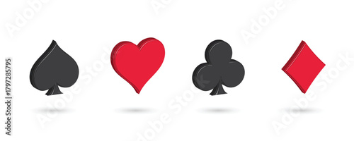 3d card suit icons clubs, diamonds, hearts, spades. Casino Poker and gambling graphic elements.