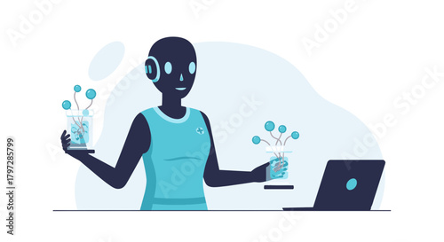 Futuristic robot doctor analyzing plant samples with laptop, offering innovative health solutions with advanced technology, medicine meets technology