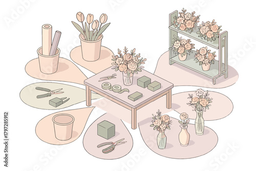 Florist workspace setup with tools, floral foam, wrapping paper, and various bouquets displayed