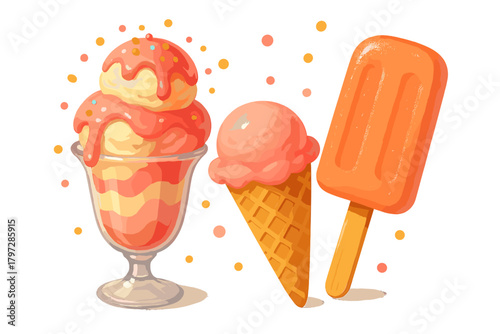 Assortment of frozen summer desserts including ice cream cone, sundae, and orange popsicle