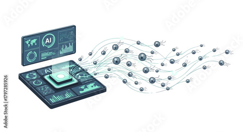 Modern AI technology concept showcasing data analytics and machine learning advancements with futuristic interface elements and seamless data flow visualization