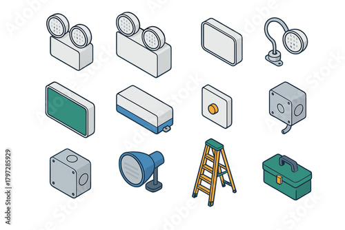Isometric set of electrical components, safety lighting, junction boxes, and repair tools