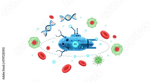 AI-Powered Submarine Navigating Through DNA, Viruses, and Blood Cells for Advanced Medical Research, Delivering Cutting-Edge Solutions in Healthcare