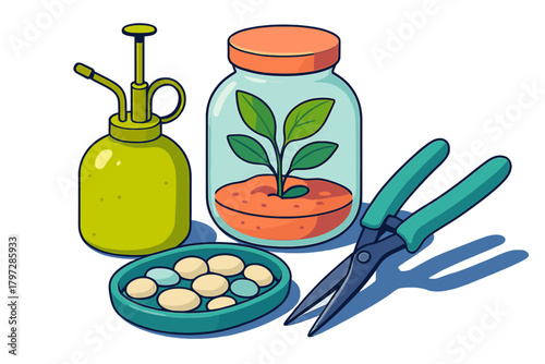 Collection of essential tools and supplies for indoor gardening and plant care