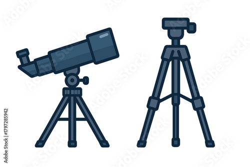 Dark blue astronomical telescope mounted on a tripod next to a professional camera stand