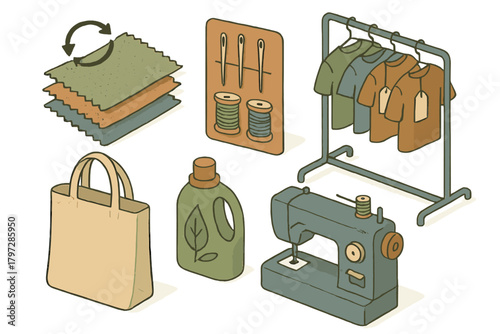 Sustainable fashion production elements with fabric stacks, sewing machine, and recycled clothing rack