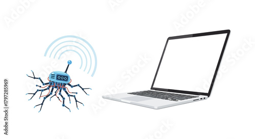 Futuristic technology concept featuring a robot insect communicating wirelessly with a modern laptop, showcasing innovation, connectivity, and digital future