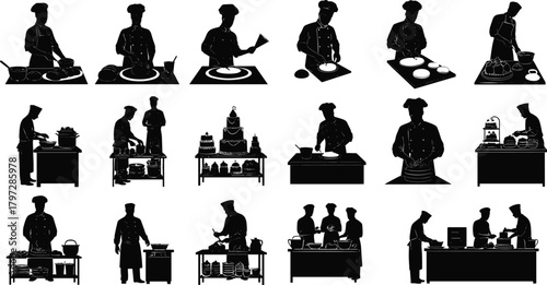 chef, kitchen, cooking, silhouette, culinary, food, teamwork, preparation, chopping, baking, stirring, plating, professional, cuisine, restaurant