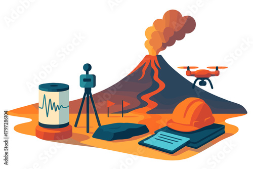 Scientific equipment for active volcano monitoring and geological survey using seismometer and drone