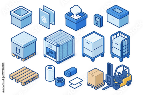 Isometric depiction of cold chain logistics and warehouse storage operations