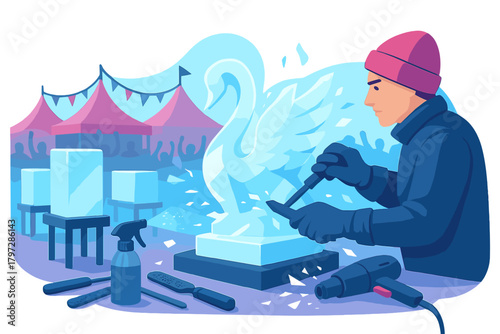 Artisan carving a graceful swan statue from ice during a winter festival