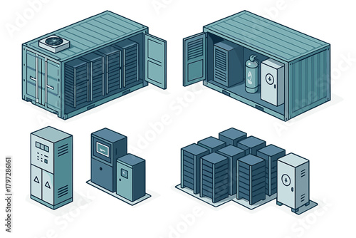 Isometric set of modular data center infrastructure components and containerized server racks