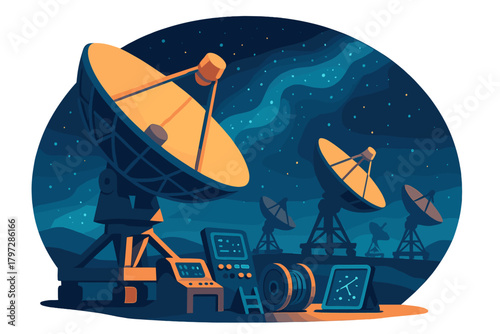 Large radio telescope array and control equipment under a dark, starry night sky