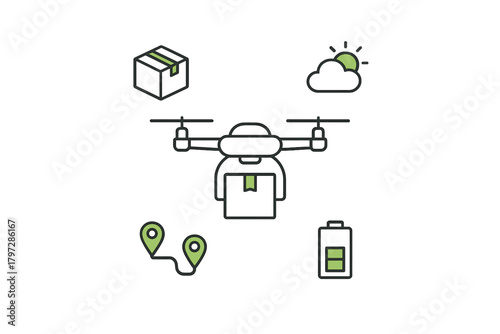 Drone delivery service icons set showing package, route, weather, and battery symbols