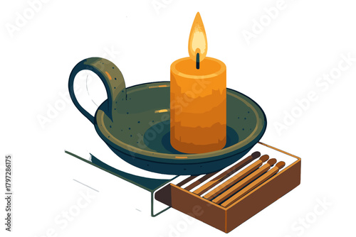 Warm glowing candle flame on a thick orange pillar candle in a rustic metal holder with matches