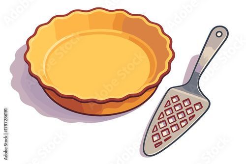 Fluted yellow ceramic baking dish for pie crusts and stainless steel serving spatula