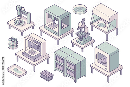 Collection of advanced biotechnology and bioengineering laboratory equipment and tools