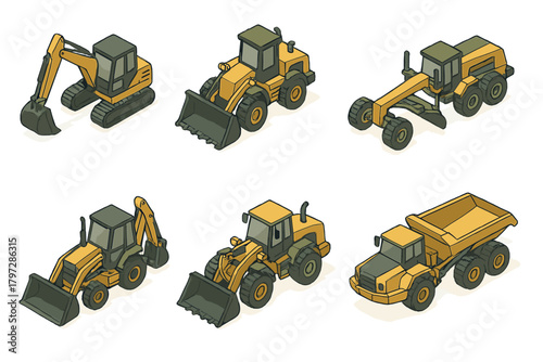 Isometric collection of heavy construction vehicles and earthmoving equipment isolated on white
