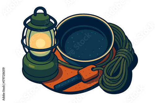 Glowing vintage lantern, cooking pot, coiled rope, and fire starter tool for camping