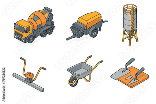 Isometric set of construction equipment: cement mixer truck, concrete pump, silo, wheelbarrow, and trowels