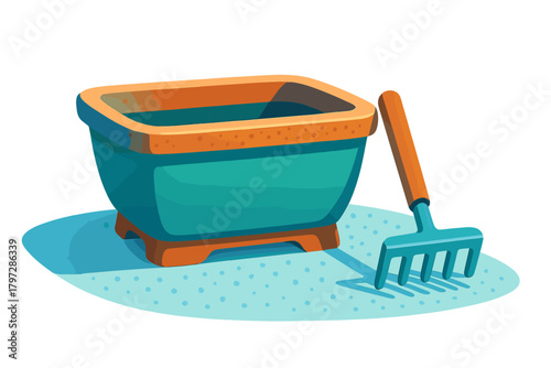 Colorful set of gardening tools including a teal planter box and a small hand rake
