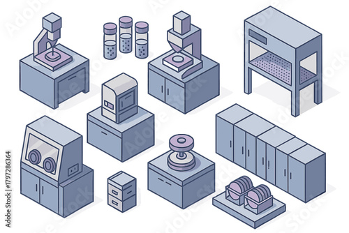 Isometric set of scientific laboratory research equipment and furniture