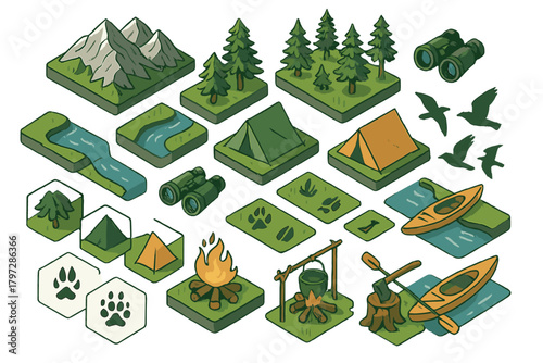 Isometric elements for camping and outdoor adventure featuring mountains and tents