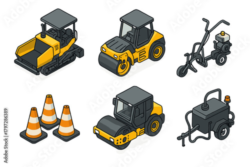 Isometric road construction vehicles and equipment including asphalt paver rollers and traffic cones
