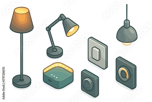 Isometric set of modern smart home lighting fixtures and control devices