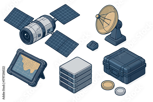 Isometric collection of military and surveillance technology equipment including satellite and rugged data storage