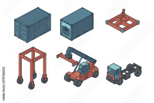 Isometric set of cargo containers, reach stacker, truck chassis, and lifting equipment for global logistics