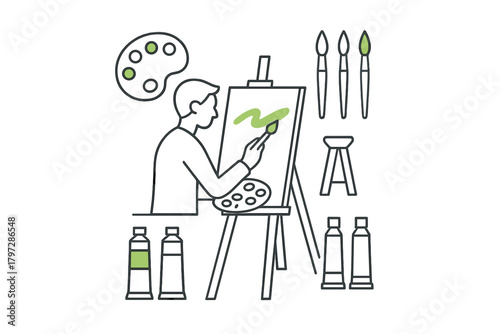 Creative artist painting on an easel with palette, brushes, and paint tubes nearby