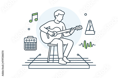 Solo acoustic guitar player sitting on a stool practicing music surrounded by sound equipment icons