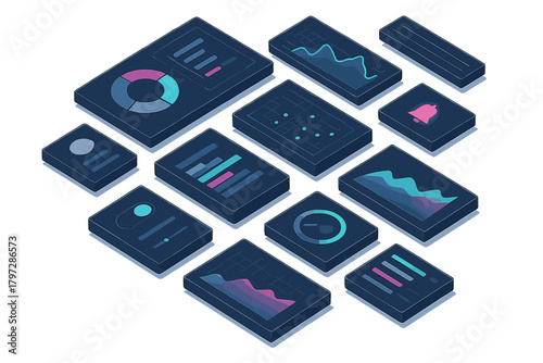 Isometric dark theme UI elements showing data analysis charts and dashboard components