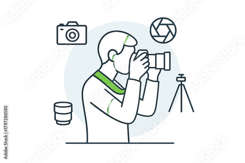 Professional photographer taking a picture with a digital camera and essential equipment icons