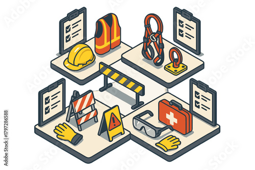 Essential personal protective equipment and construction safety items in isometric arrangement