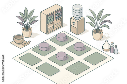 Isometric view of a serene wellness studio with yoga mats and meditation cushions