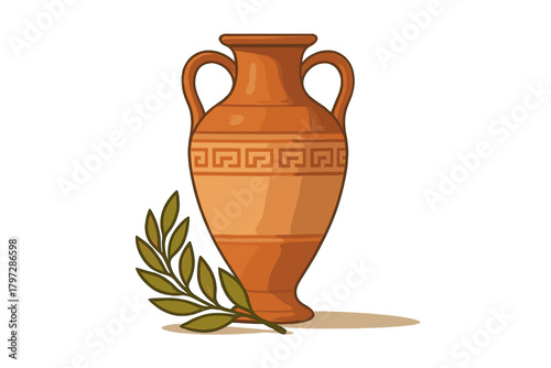 Traditional terracotta amphora vase with Greek key pattern and green olive branch