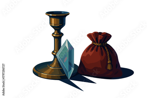 Vintage brass candlestick, mystical glowing crystal, and closed red velvet money bag