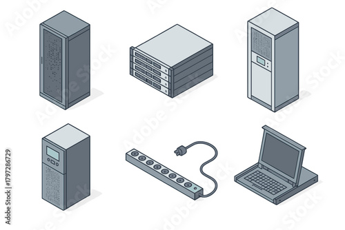 Isometric data center equipment, server racks, computer hardware, and networking devices
