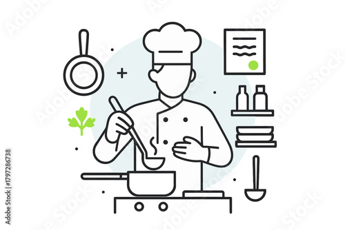 Professional chef in uniform stirring food in a pot on a stovetop surrounded by kitchen equipment