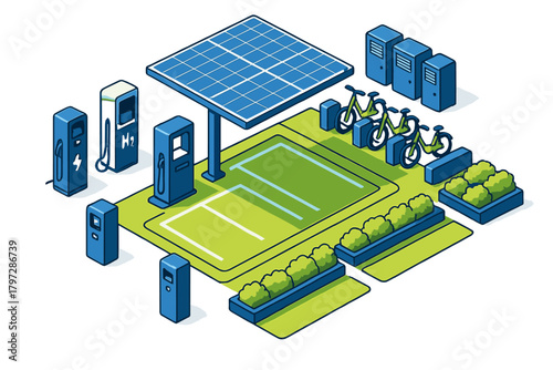 Sustainable transportation hub featuring solar canopy and EV charging station