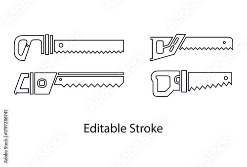 hand saw vector editable stroke icon set, wood cutter vector, carpentry tools line icon vector illustration