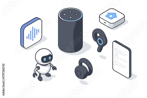 Isometric smart home devices set including voice assistant speaker, robot, and wireless earbuds