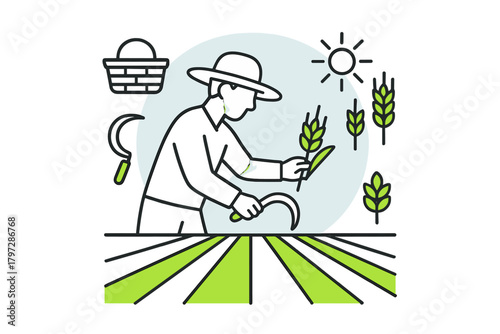 Agricultural worker harvesting ripe grain crops in a sunny field using a traditional hand sickle