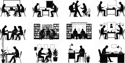 study, learning, education, reading, writing, laptop, classroom, library, discussion, collaboration, productivity, student, academic, silhouette, desk