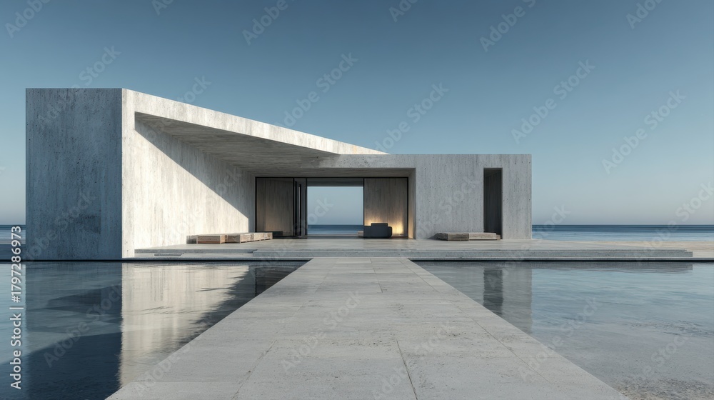 Fototapeta premium Contemporary concrete villa with infinity pool and ocean view architecture house